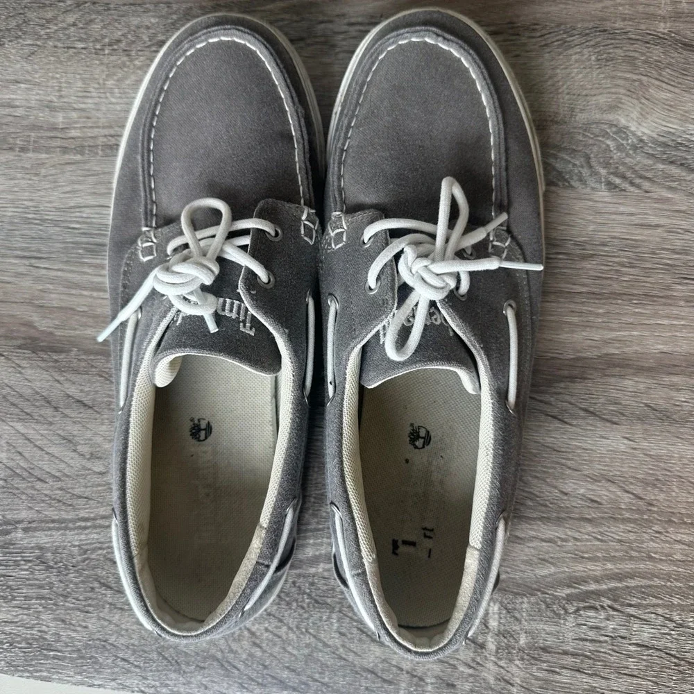 Timberland Sneakers Mens 11.5 Grey Canvas Boat Shoes Low Top Loafers Casual READ